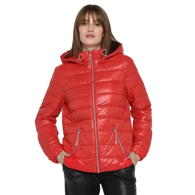 Tom Tailor Puffer Jacket with Front Zip and Hoodie for Women (Scarlet Red)