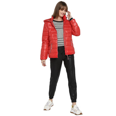 Tom Tailor Puffer Jacket with Front Zip and Hoodie for Women (Scarlet Red)