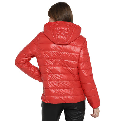 Tom Tailor Puffer Jacket with Front Zip and Hoodie for Women (Scarlet Red)