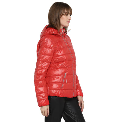 Tom Tailor Puffer Jacket with Front Zip and Hoodie for Women (Scarlet Red)