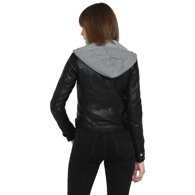 Tom Tailor Women's Leather Black Jacket with Hoodie