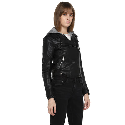 Tom Tailor Women's Leather Black Jacket with Hoodie