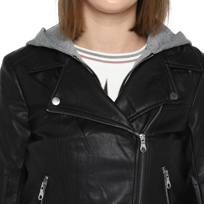 Tom Tailor Women's Leather Black Jacket with Hoodie