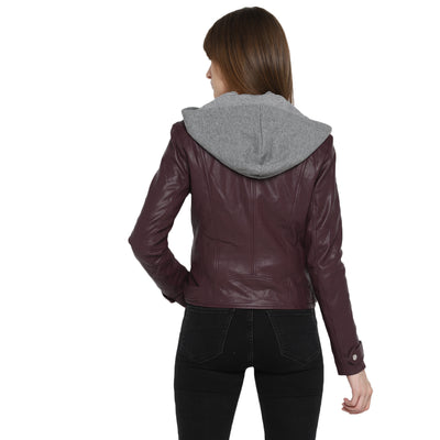 Tom Tailor Women's Jacket Wine Red Hooded Leather Jacket