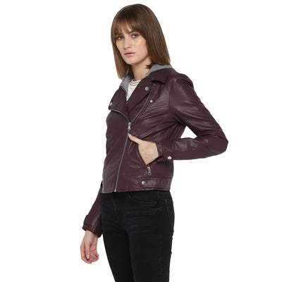 Tom Tailor Women's Jacket Wine Red Hooded Leather Jacket