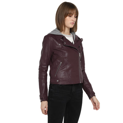 Tom Tailor Women's Jacket Wine Red Hooded Leather Jacket