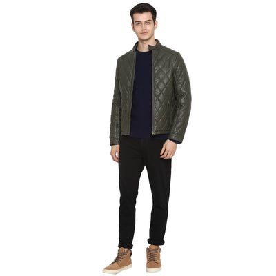 Tom Tailor Biker Leather Jacket For Men (Dark Olive Green)