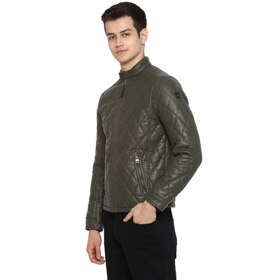 Tom Tailor Biker Leather Jacket For Men (Dark Olive Green)