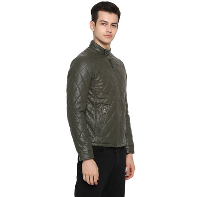 Tom Tailor Biker Leather Jacket For Men (Dark Olive Green)