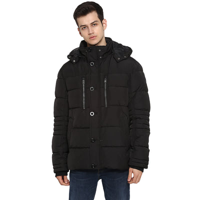 Tom Tailor Men's Puffer Jacket with Hoodie Padded Long Black Jacket