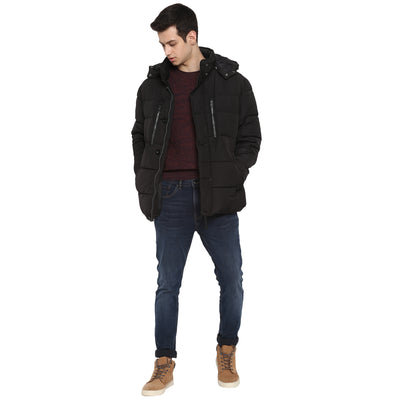 Tom Tailor Men's Puffer Jacket with Hoodie Padded Long Black Jacket