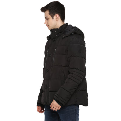 Tom Tailor Men's Puffer Jacket with Hoodie Padded Long Black Jacket