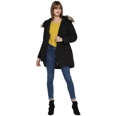 Tom Tailor Parka Jacket with Fur Hooded Coat for Women (Black)