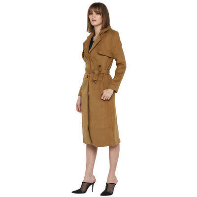 Tom Tailor Lapel Long Coat with Detachable Waist Belt (Brown)